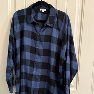 WOMEN’S WESTBOUND LONG SLEEVE, NAVY/Blue LARGE-PLAID BUTTONUP OVERSIZED SHIRT 1X